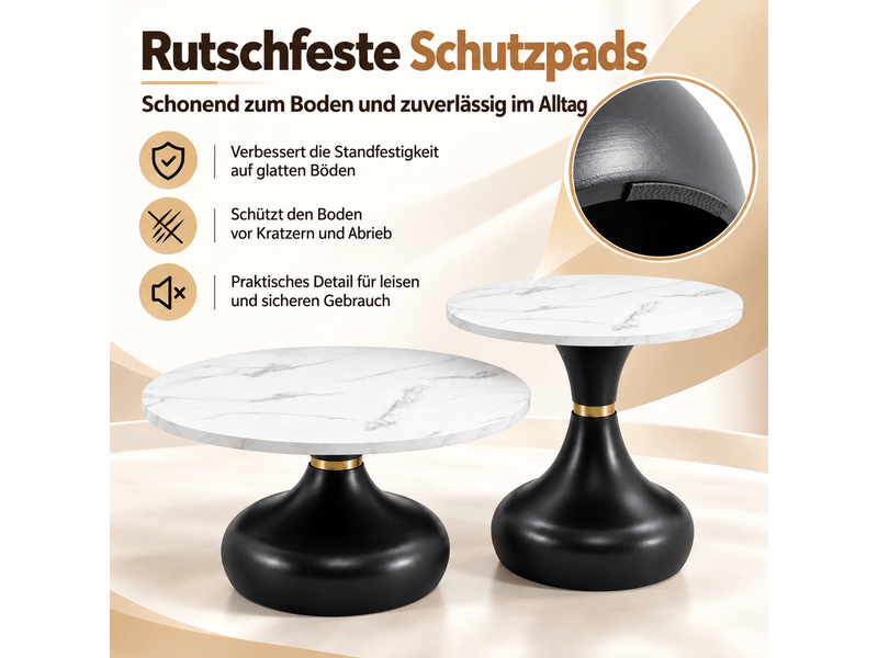  Table basse lot de 2 pièces tables rondes plateau effet marbre blanc piètement métal noir et doré  - Conforama E