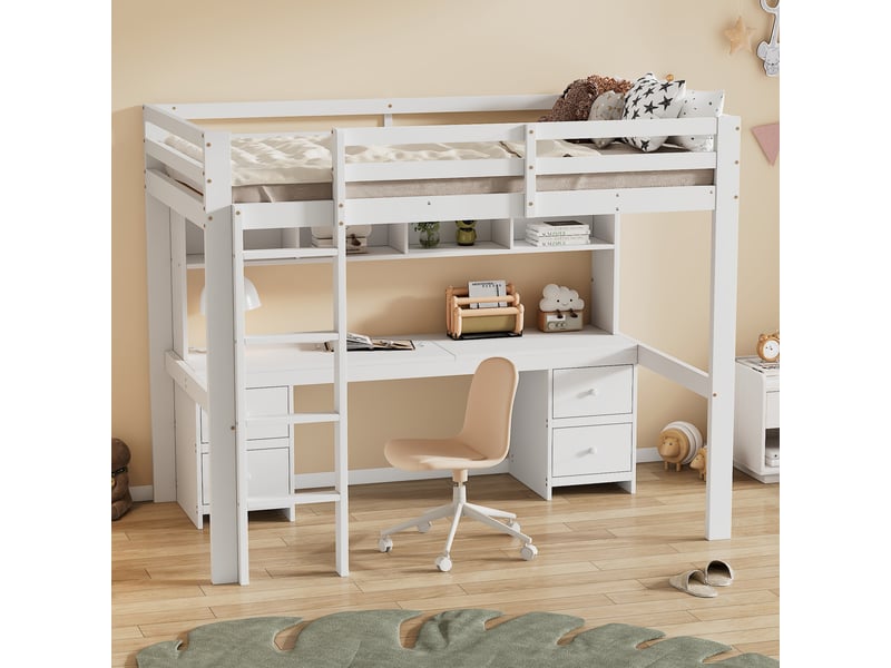 Lit mezzanine enfant avec bureau et rangement, 4 tiroirs, pin massif et mdf blanc, couchage 90x200 cm - Conforama D