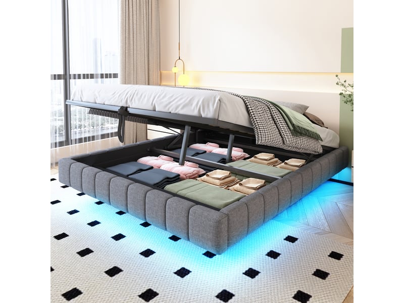 Lit capitonné 160x200 cm gris en lin, cadre suspendu, relevage hydraulique, led et sans tête de lit - Conforama D
