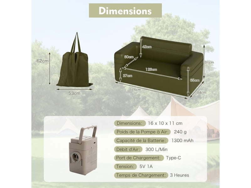 Canapé gonflable 2 places 169x83x81 cm, fauteuil gonflable en tissu oxford avec pompe électrique, 3 buses et sac, extérieur, charge 300 kg (2 places)  - Conforama C