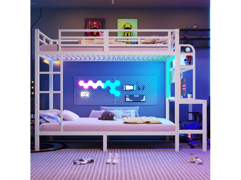  Lit superposé 90x200 cm avec bureau et led en métal blanc  - Conforama D