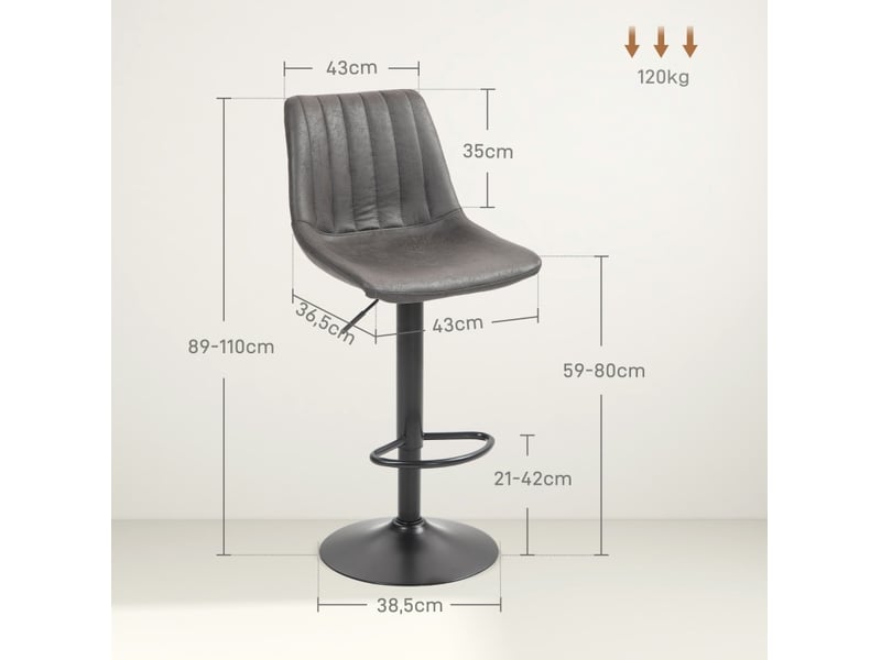  Tabouret de bar rétro réglable avec repose-pieds et dossier, lot de 2, en métal, gris foncé  - Conforama D