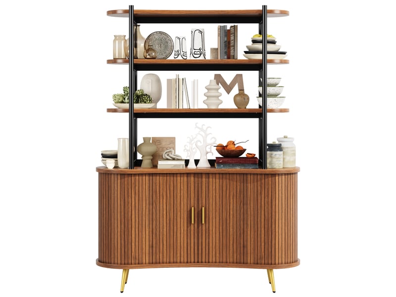 Buffet de cuisine 120x40x183 cm avec portes coulissantes, étagère ouverte à 4 niveaux, pieds en métal doré, bois foncé - Conforama A