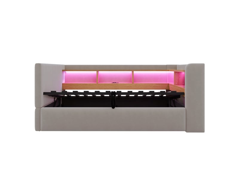  Lit canapé gris foncé 90x190 cm avec rangement hydraulique, led, prises et rangements  - Conforama E