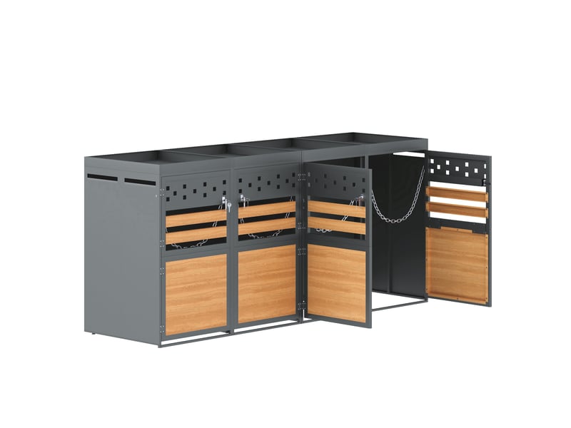 Cache-poubelles 4 bacs 120-240 l anthracite, toit végétalisable, portes effet bois - Conforama E