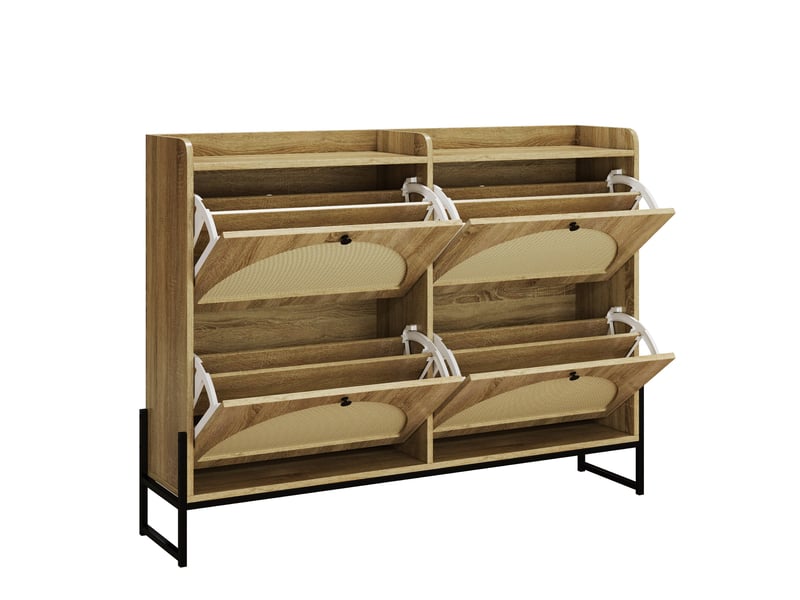  Meuble à chaussures 118x25x91,5 cm, 4 abattants, rangement réglable et façades effet rotin, pour entrée et couloir - naturel  - Conforama E