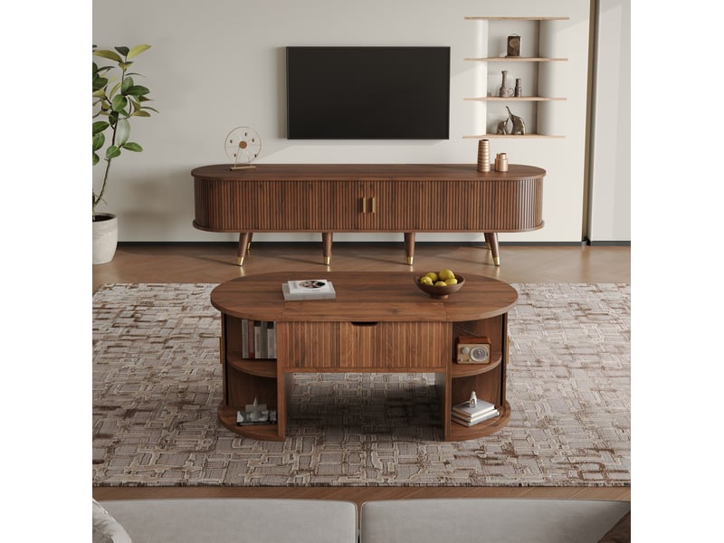 Ensemble meuble tv 175 cm et table basse ovale relevable en mdf noyer, 2 pièces - Conforama B