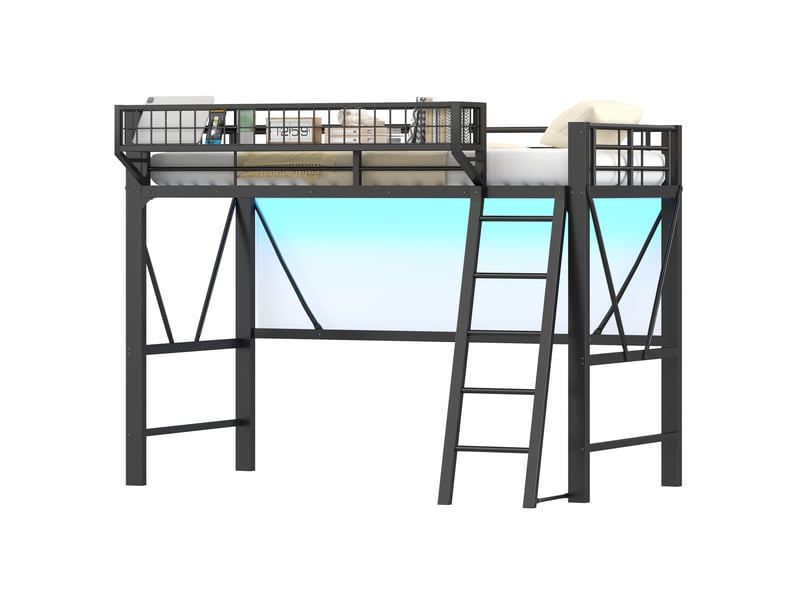  Lit mezzanine 90x200 cm avec panier de rangement métal led noir  - Conforama A