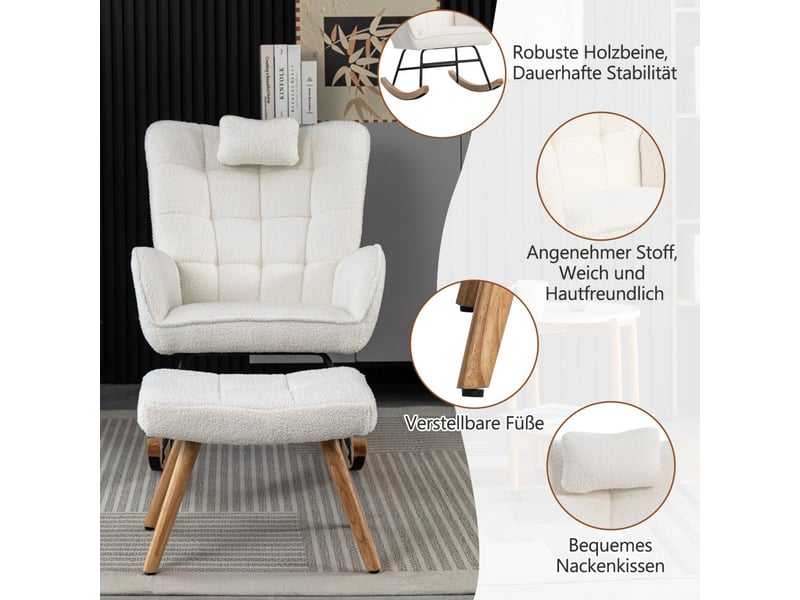  Fauteuil à bascule relax - 67x48x92 cm - avec repose-pieds et coussin en tissu bouclé pieds bois - blanc  - Conforama D