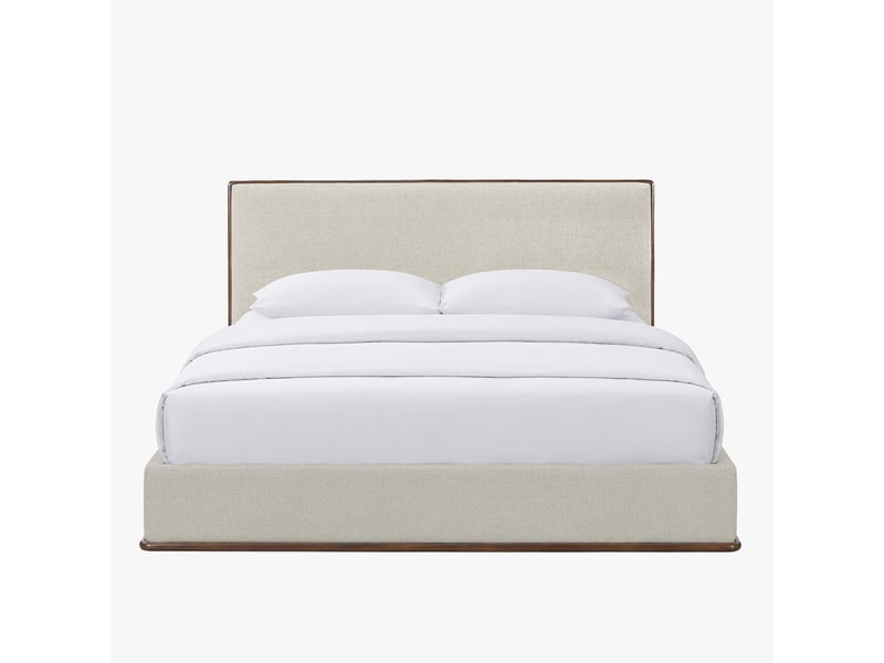  Lit double en tissu beige et bois foncé 160x200 cm  - Conforama D