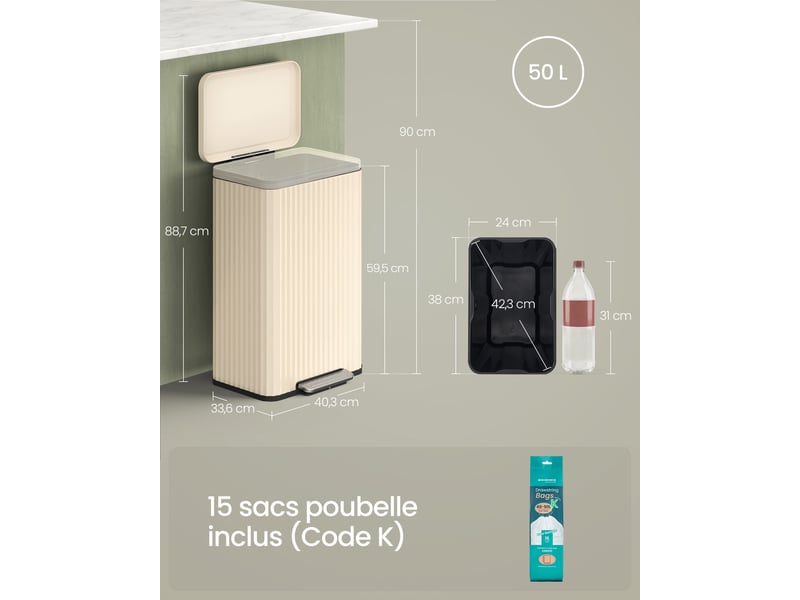  Poubelle de cuisine avec pédale 40,3 x 33,6 x 62,5 cm seau intérieur amovible acier noir 12_0012212  - Conforama B