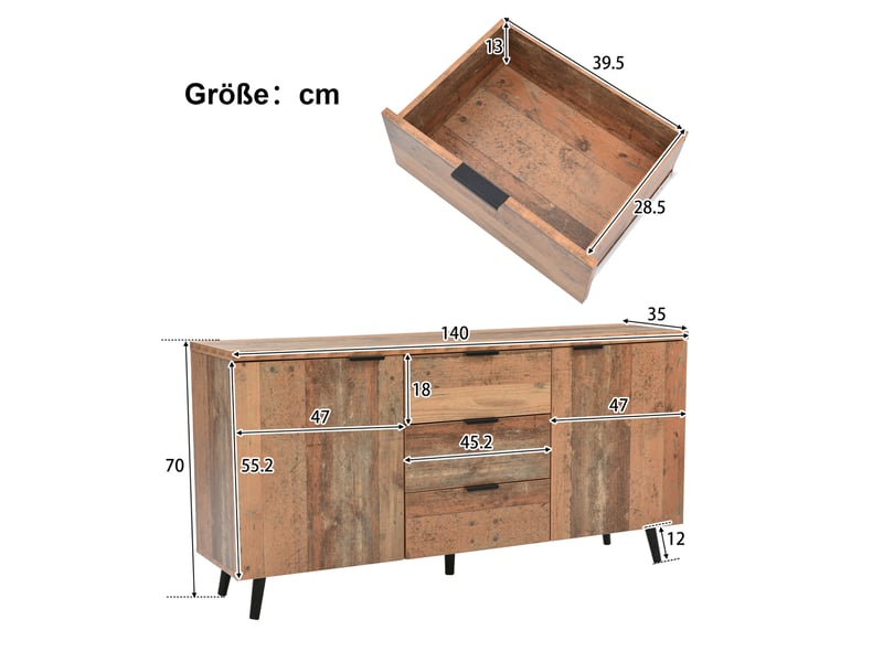 Meuble tv avec 3 tiroirs et placards à étagères réglables, finition bois vieilli, pour salon, marron, 140 × 35 × 70 cm - Conforama E