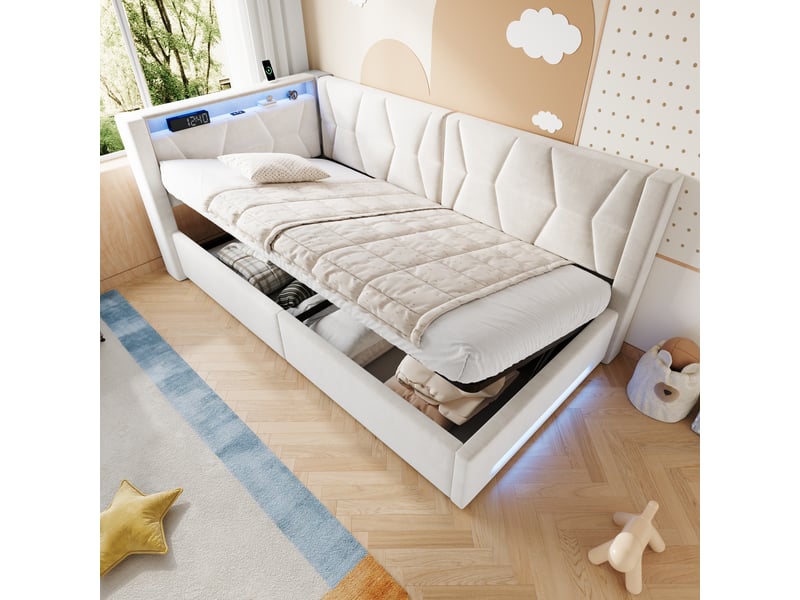 Lit banquette hydraulique 90x200 cm, led, usb-c, lit coffre rembourré, lit simple, éclairage tête et pied, velours, beige Seren Glow - Conforama B