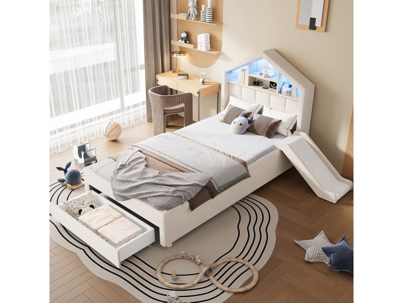  Lit cabane enfant 90 x 200 cm beige avec toboggan, éclairage led, prise de charge et coffre de rangement  - Conforama C