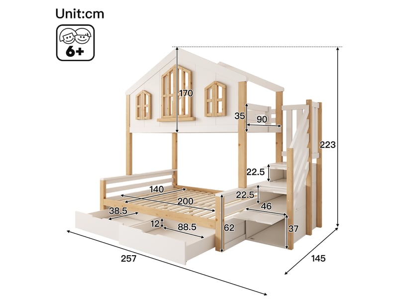 Lit superposé enfant 90×200 + 140×200 cm maison en bois avec toit à pignon et fenêtres, escalier coffre, 2 tiroirs et sommier - blanc et bois naturel - Conforama C