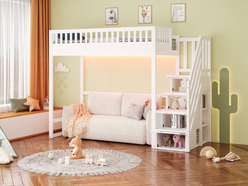 Lit mezzanine 90x200 cm,escalier réversible avec rangements, garde-corps, éclairage led et espace libre, pin, blanc - Conforama B