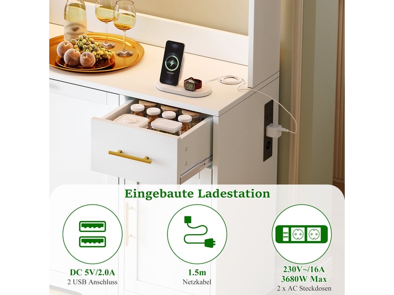  Buffet cuisine 2 tiroirs, 140 x 40 x 173 cm, double compartiment poubelle coulissant, éclairage led, prises et usb, mdf, blanc Morn Vibe - Conforama E