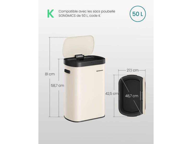  Poubelle de cuisine automatique 42,5 x 27,1 x 58,7 cm avec capteur de mouvement design moderne en acier crème 12_0012881  - Conforama B