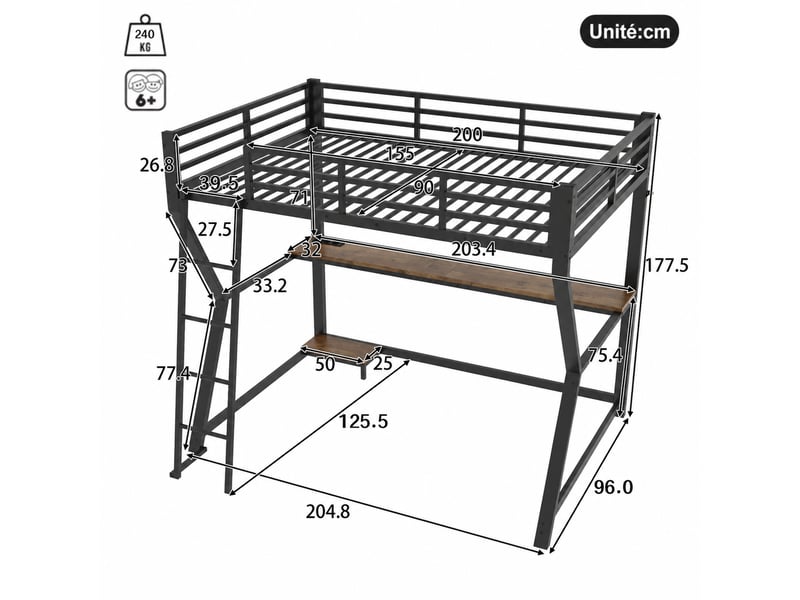  Lit mezzanine lit simple avec bureau, led, prise, port usb et escalier, 90x200 cm, sans matelas, noir  - Conforama D