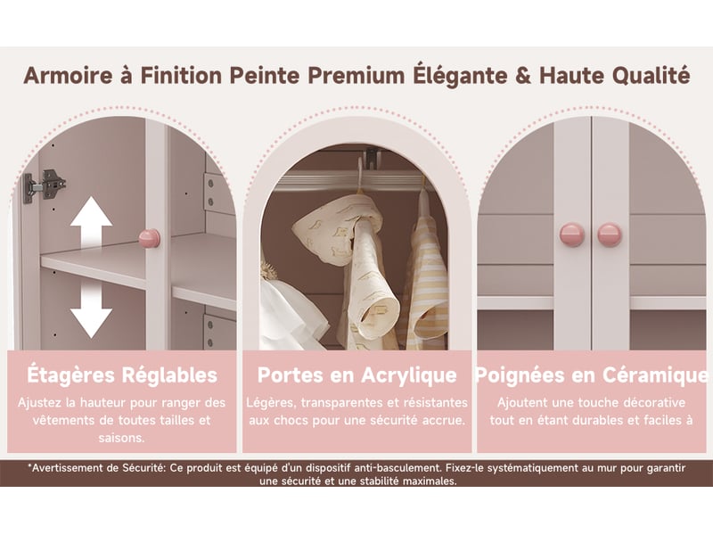 Armoire enfant 80 x 50 x 120 cm, 2 portes transparentes en acrylique, tringle et rangement pour chambre, poignées céramique, laqué blanc ABC - Conforama D