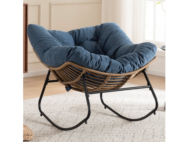  Rocking-chair avec assise enveloppante et structure métal, pour salon ou chambre, en chenille bleue, 98 × 102 × 77 cm  - Conforama B