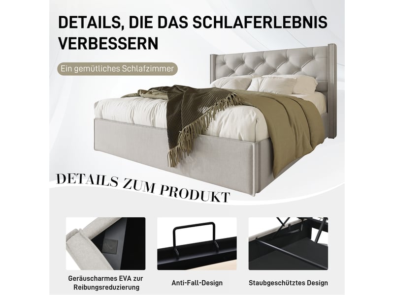  Lit coffre hydraulique 140x200cm en coton gris clair, sommier à lattes inclus, sans matelas, tête rembourrée  - Conforama C