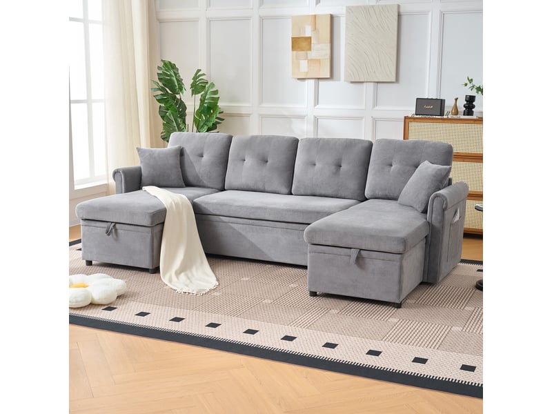  Canapé d’angle convertible en u gris en chenille, 4 places avec coffre de rangement et couchage pour salon ou chambre d’amis  - Conforama E