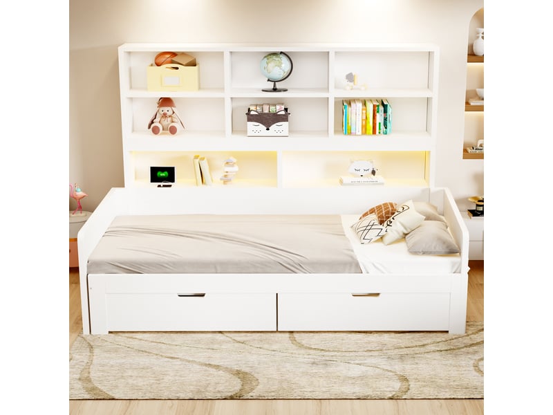 Canapé-lit en bois 180 x 200 cm - avec lit gigogne - avec lumière led - avec prise électrique - avec 2 tiroirs - blanc (matelas non inclus) - Conforama W