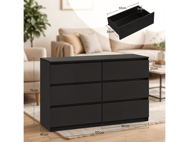  Commode de rangement avec 6 tiroirs sans poignées pour chambre et salon en bois d’ingénierie 120×40×75 cm noir  - Conforama D