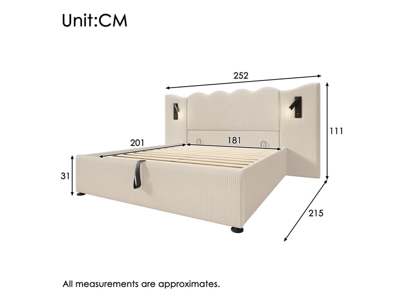  Lit coffre 180 × 200 cm en velours côtelé beige et blanc, liseuse orientable 360°, usb-c et sommier à lattes Fay Lum - Conforama C