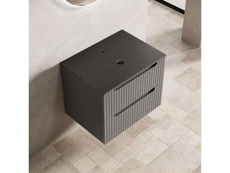  Meuble sous vasque avec plan de travail en pierre frittée, structure robuste pour salle de bain, noir ou gris foncé  - Conforama C