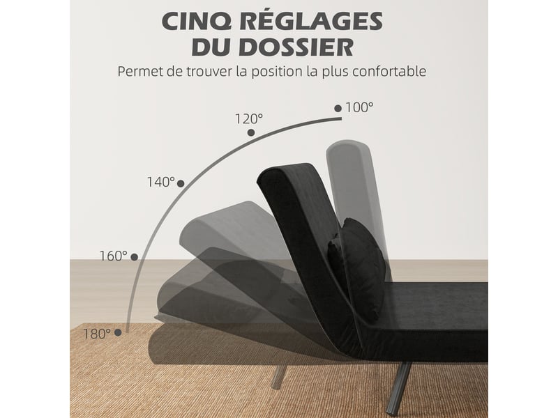  Canapé convertible 2 places 4 en 1, canapé-lit avec dossier réglable sur 5 niveaux, 2 coussins, noir, 102 x 73 x 81 cm  - Conforama E