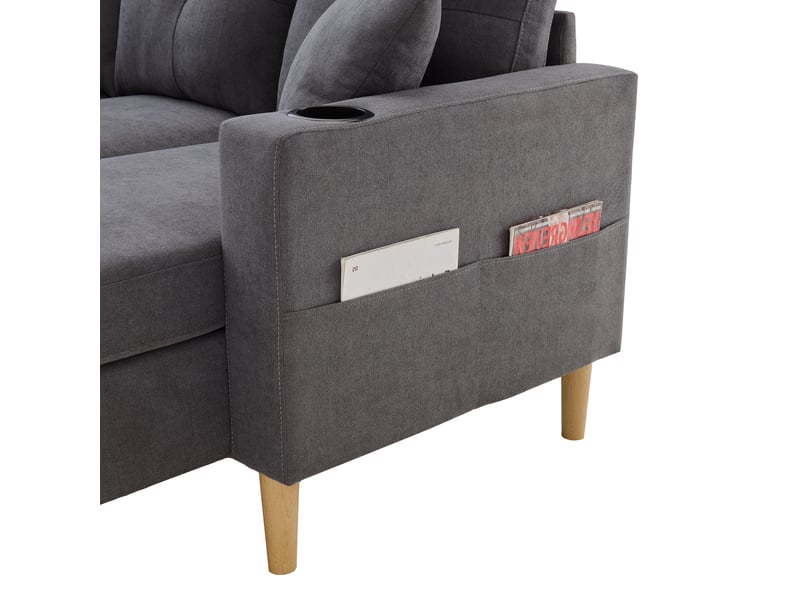  Canapé d'angle 3 places en tissu effet lin gris foncé avec chaiselongue et rangement intégré  - Conforama W