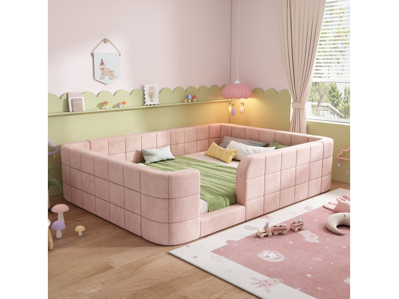  Lit enfant 140 × 190 cm avec barrière rembourrée et entrée basse, sommier à lattes en chenille rose pour chambre  - Conforama E