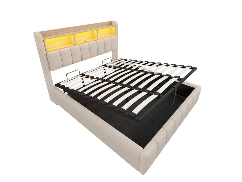  Lit rembourré 180 x 200 cm avec éclairage led et prise usb, tête de lit avec étagères et espace de rangement, mécanisme de levage hydraulique, lit double pour adultes, tissu lin beige  - Conforama D