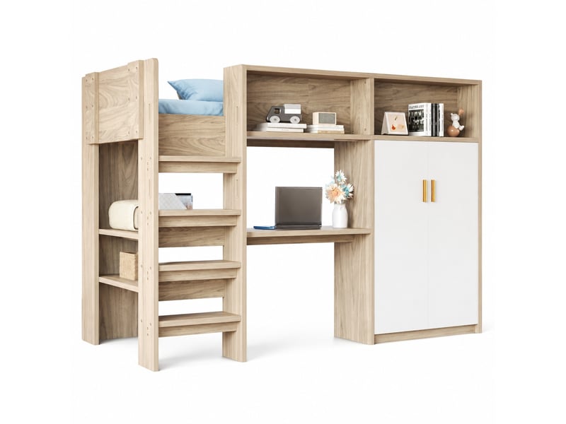 Lit mezzanine 200×90 cm avec bureau, armoire, rangements et éclairage led, sommier à lattes inclus, bois naturel - Conforama A