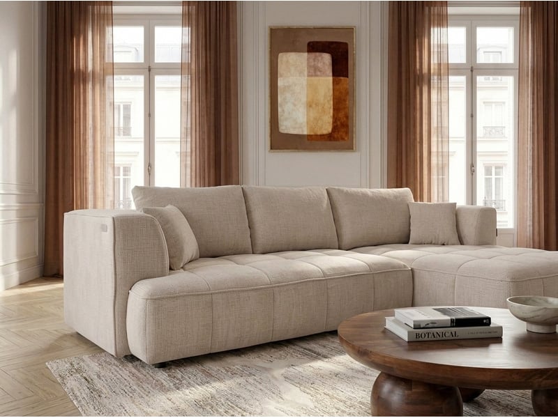  Bobochic canapé d'angle convertible avance-recule électrique clovis tissu lisse beige  angle droit CLOVIS - Conforama D