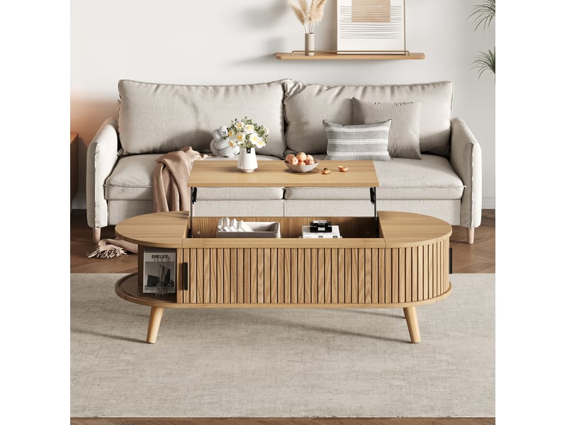  Table basse relevable avec 2 rangements latéraux et espace caché, style naturel, 4 pieds en bois, pour salon, en mdf  - Conforama B