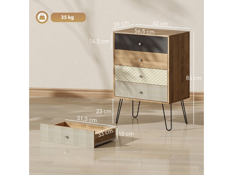  Commode à 4 tiroirs, pieds épingle en acier, style bohème, 60 x 39 x 86 cm, multicolore  - Conforama E