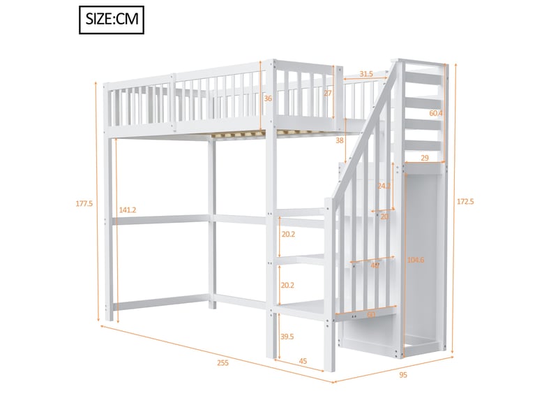  Lit mezzanine enfant 90 x 200 cm avec escalier rangement et armoire, bois, blanc Fay Lum - Conforama C