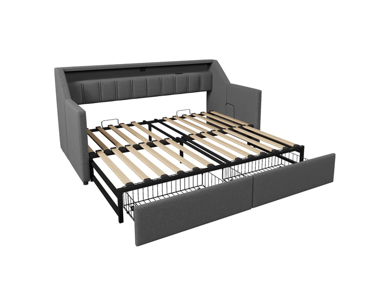 Lit extensible 90x200cm à 180x200cm, led, usb et type-c, 2 tiroirs et poches de rangement, lin gris C-DEGAYUN - Conforama D