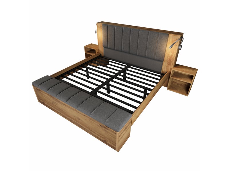  Lit coffre,160x200 cm,avec matelas, lampes usb, chevets et banc,mdf,coloris chêne  - Conforama D