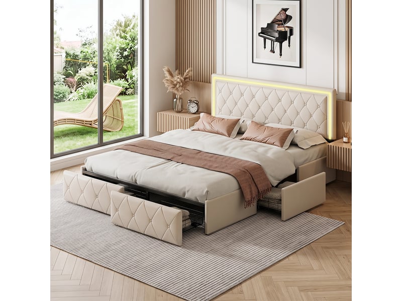  Lit double adulte 160 x 200 - lit 160 x 200 - 4 tiroirs de rangement - éclairage led d'ambiance - pu - beige  - Conforama D