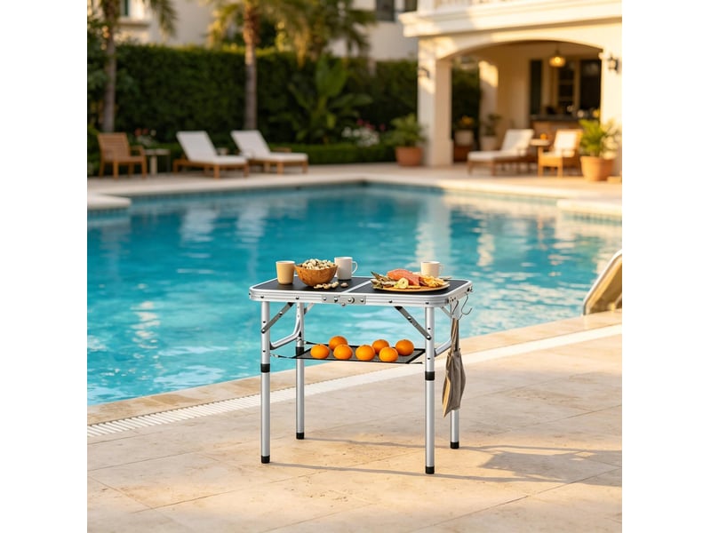  Table de jardin pliante réglable avec filet de rangement, portable pour balcon, camping et plage, noire, 60 × 40 cm  - Conforama B