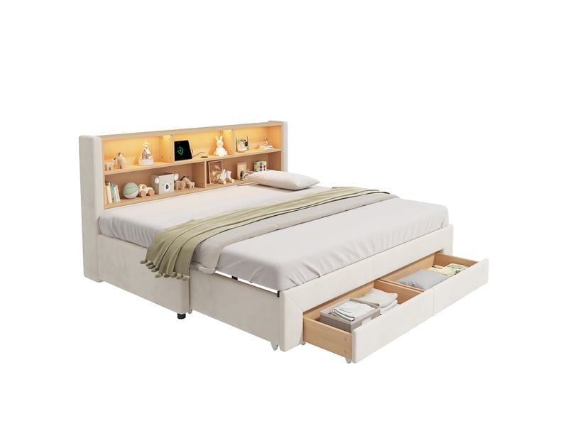  Lit de jourcanapé-lit capitonné, avec 2 tiroirs de rangement, 90 x 200 cm, extensible jusqu'à 180 cm, avec port usb et éclairage led, velours beige  - Conforama A