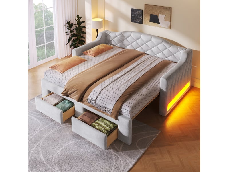  Lit banquette extensible 90x200-180x200 cm avec led, 2 tiroirs, lit gigogne, lit enfant, mdf, velours gris sans matelas  - Conforama W
