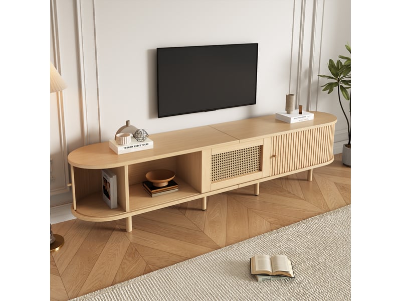  Meuble tv avec 2 portes coulissantes, 1 tiroir et niche ouverte, pieds réglables, 180×40×40 cm en mdf naturel  - Conforama C