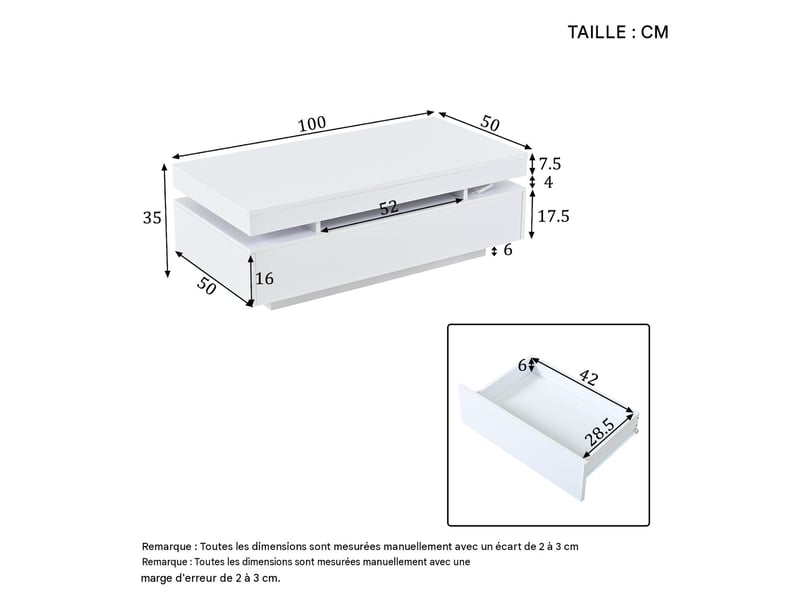 Table basse avec 2 tiroirs et led en panneau de particules blanc brillant 100x50x35 cm - pangivo  - Conforama C