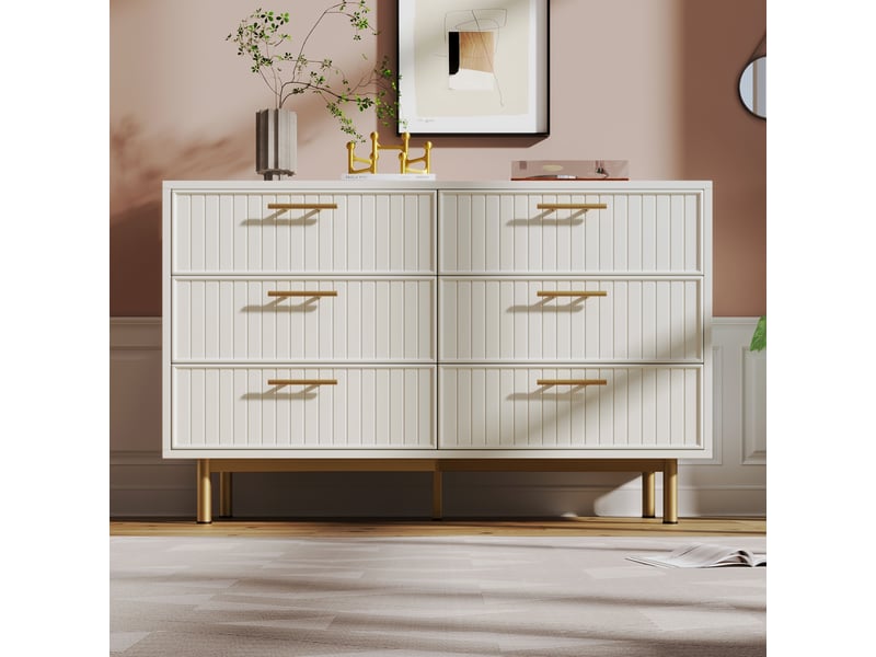  Buffet blanc 6 tiroirs meuble rangement moderne pieds métal dorés design ribbé pour chambre salon 120x75x40 cm  - Conforama W