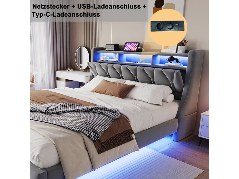  Lit double rembourrés 180x200 cm avec éclairage led, cadre de lit 2 personnes en gris, tête de lit rabattable avec prise électrique  - Conforama E